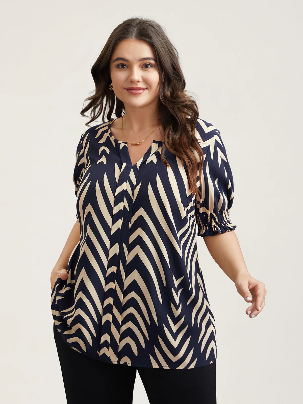 Geometric Print Ruffled Shirred Shirt | Bloomchic