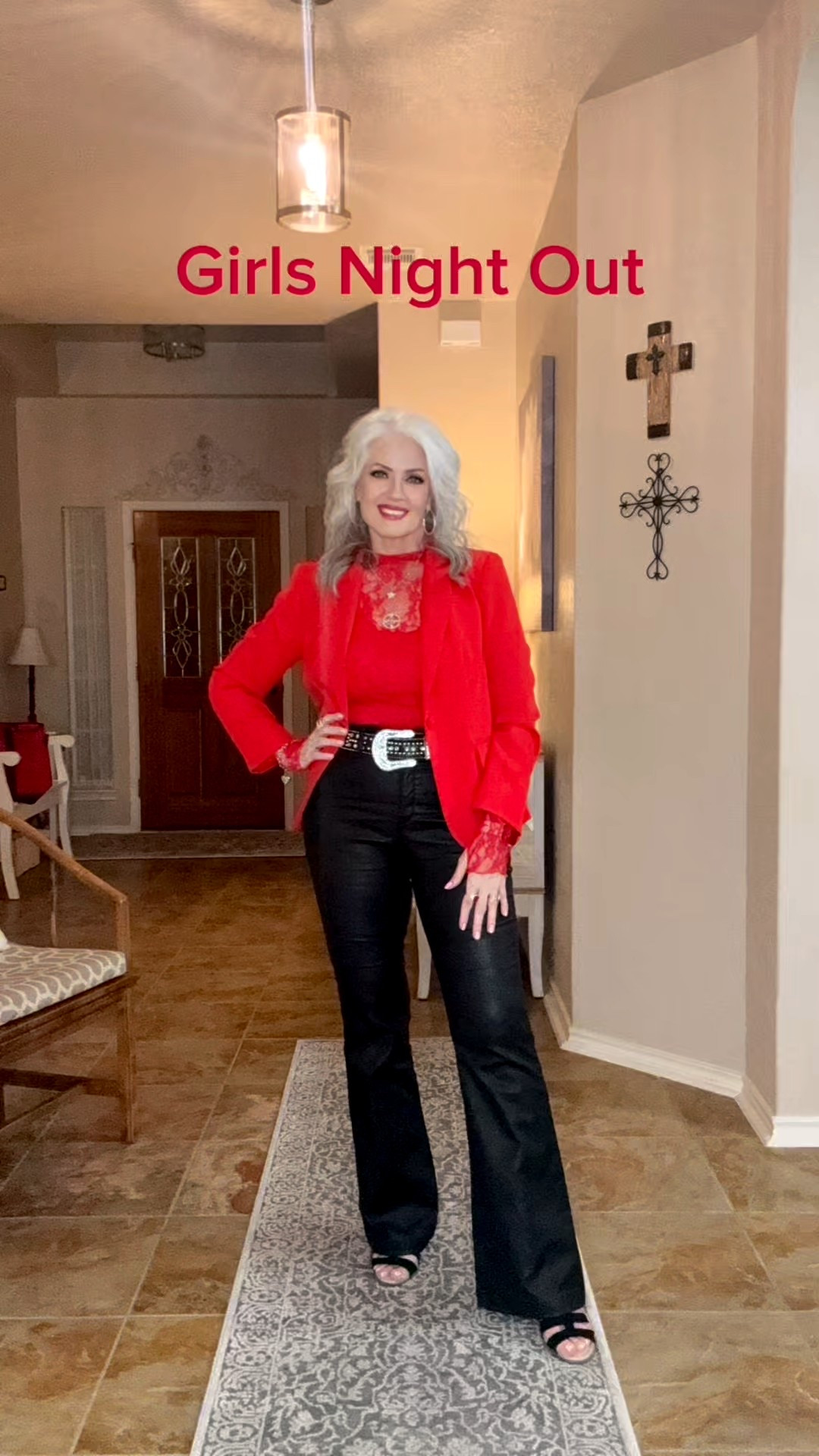 Girls night Out look with faux leather jeans that give a little sass along with classic true red. These pair are not available but I’ve added several similar pair  

#LTKOver40 #LTKMidsize #LTKSaleAlert