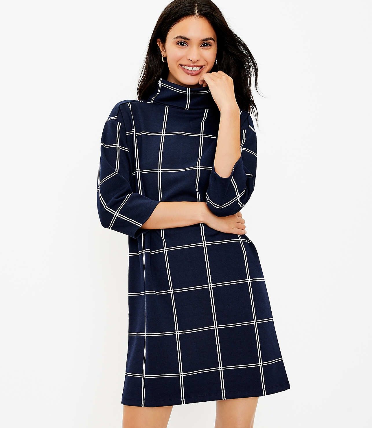 Windowpane Funnel Neck Tunic Dress | LOFT