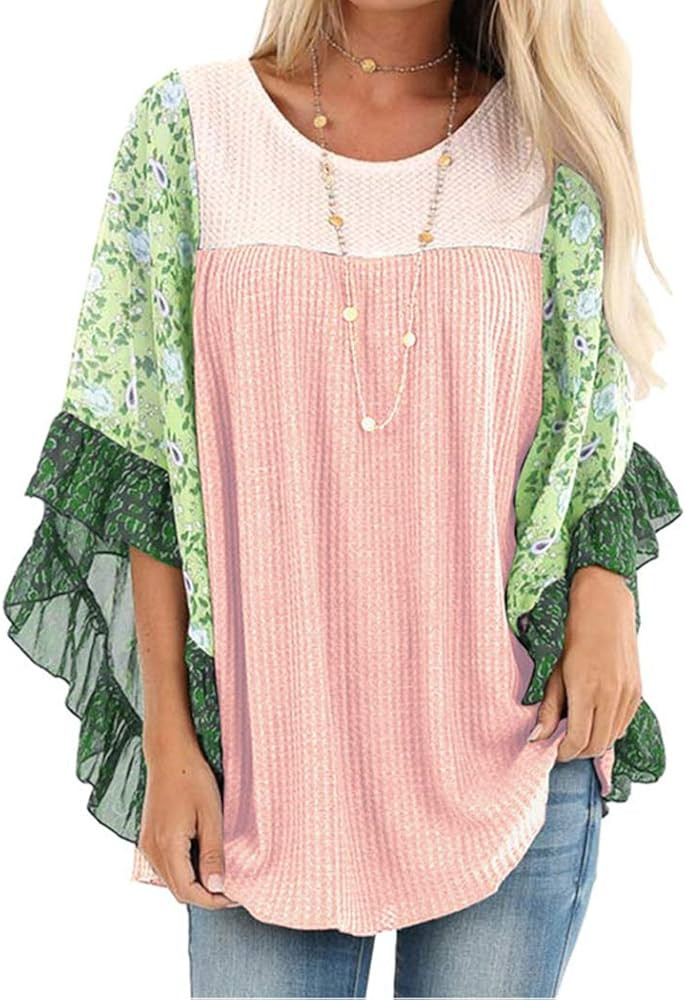 CASURESS Womens Floral Printed 3 4 Sleeve Shirt Batwing Loose Tops Blouses Pullover | Amazon (US)