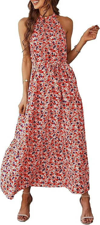 PRETTYGARDEN Women's Summer Floral Maxi Sun Dress Sleeveless Halter Neck Flowy Ruffle Hem Long Bo... | Amazon (US)