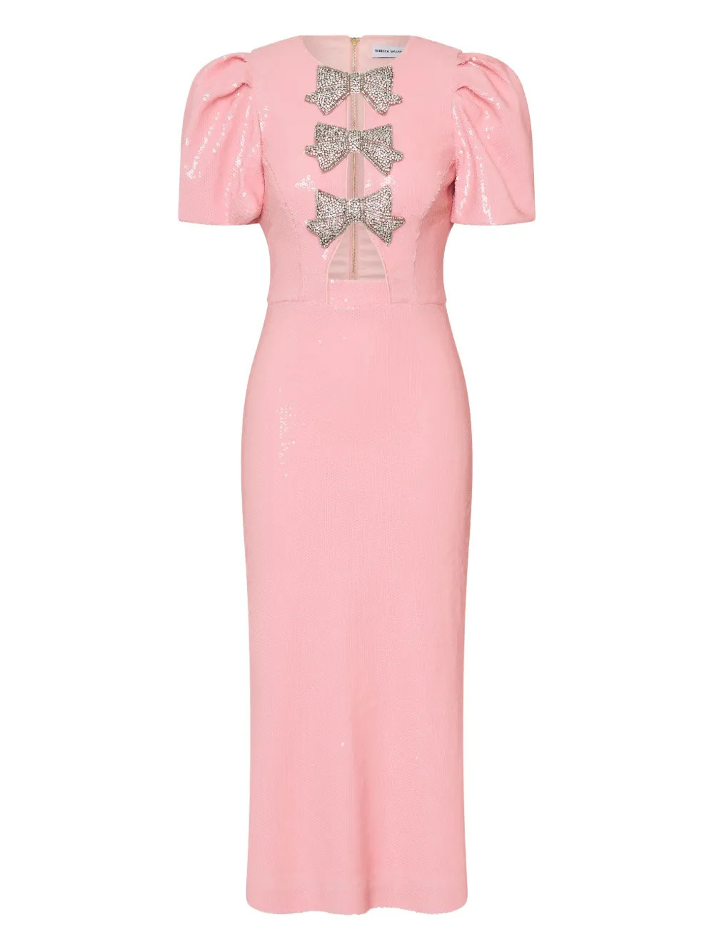 Rebecca Vallance bow puff-sleeve lydia midi dress - Pink | Farfetch Global