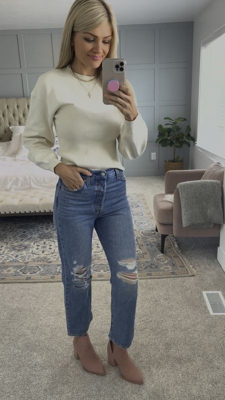 Fall outfit - Wearing Steve Madden booties on sale. Light weight, Open Edit sweater, and 90’s style Levi’s jeans at Nordstrom! 

#LTKunder100 #LTKSeasonal #LTKshoecrush
