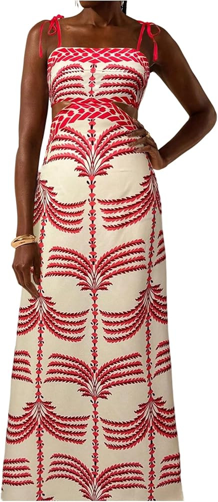 SOLY HUX Women's Summer Maxi Dress Boho Print Tie Shoulder Spaghetti Strap Cut Out Tie Back Cami ... | Amazon (US)
