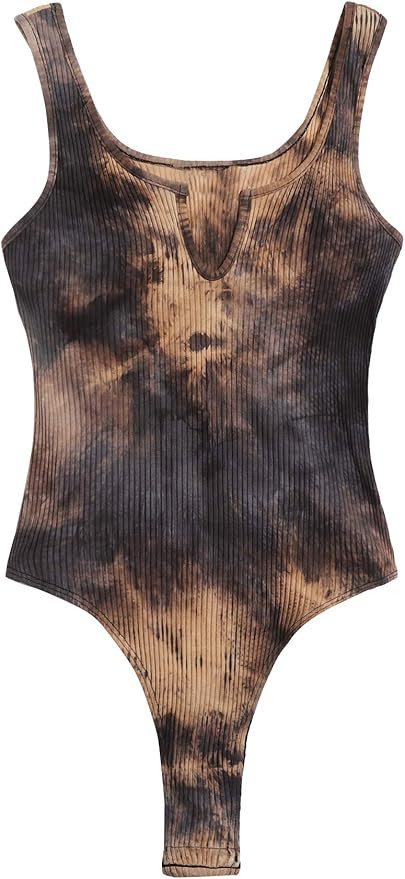 Verdusa Women's Tie Dye Notched Neck Ribbed Skinny Thong Tank Bodysuit Top | Amazon (US)