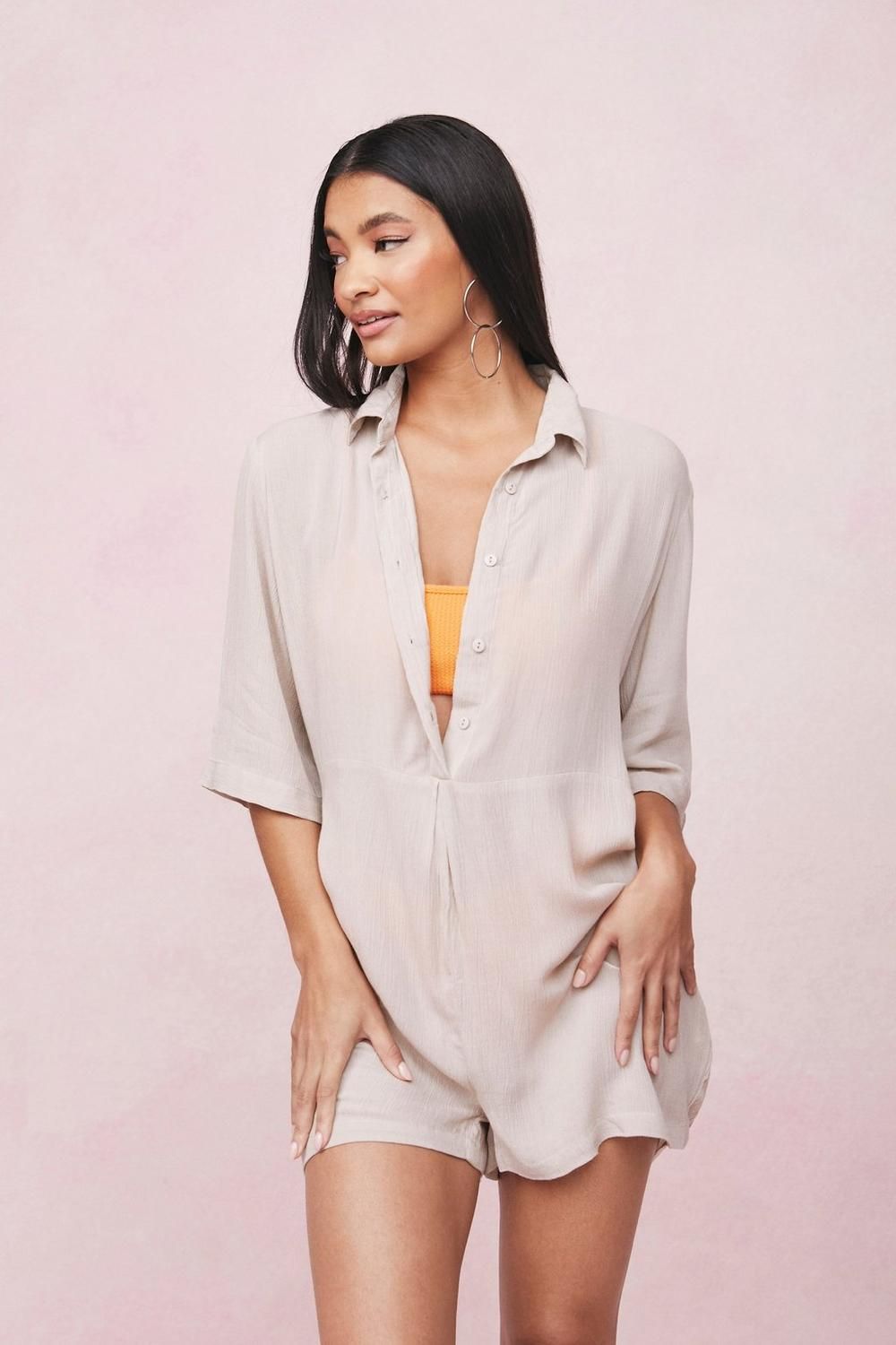 Crinkle Button Down Beach Cover Up Romper | Nasty Gal Canada
