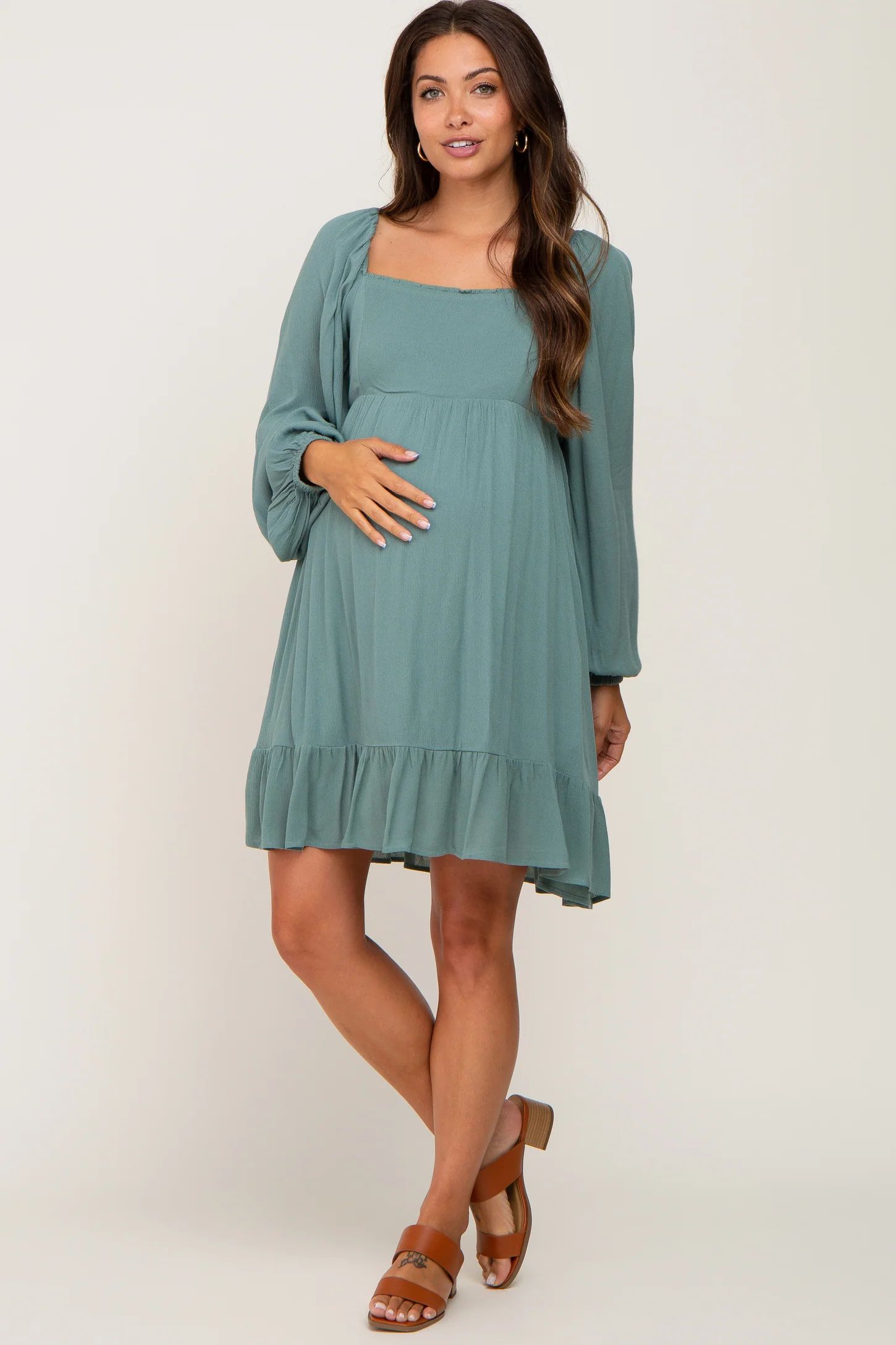 Olive Square Neck Puff Long Sleeve Maternity Dress | PinkBlush Maternity