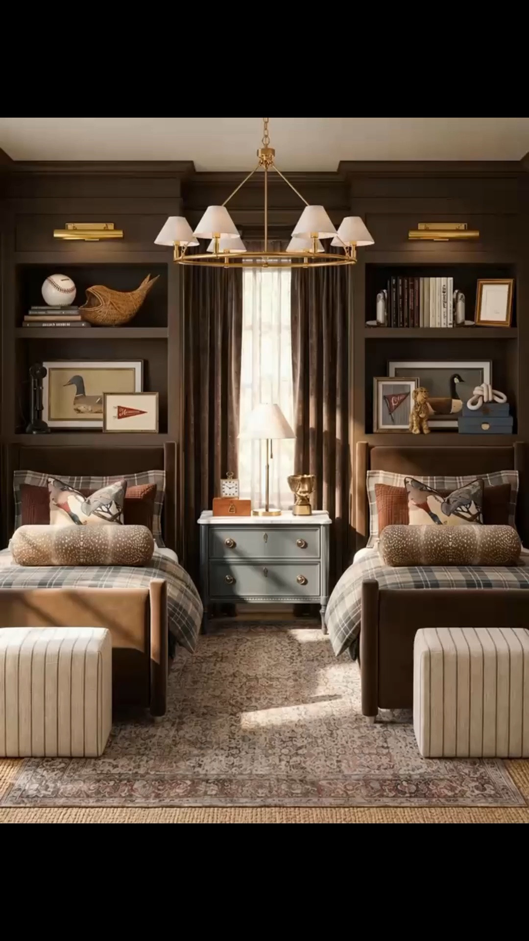A boys’ bedroom that feels collected, classic, and anything but juvenile. 🤎 Dark chocolate color-drenched walls, brown velvet twin beds, plaid bedding, vintage sports decor, and layered rugs give this room the warmth of an old-world sporting lodge while still feeling playful enough for kids.

The mix of tailored bedding, equestrian-inspired pillows, brass lighting, and nostalgic artwork is what makes the entire space feel so special. Save this for your next kids’ room makeover, and tap through to find the pieces that bring the look together.

Would you choose this rich brown palette for a bedroom?

#boysbedroom #kidsroomdecor #traditionalinteriors #plaidbedding #vintagesportsdecor #darkandmoodyinteriors #bedroominspiration

This post contains affiliate links, which means I may earn a commission from qualifying purchases at no additional cost to you.

#LTKHome #LTKKids