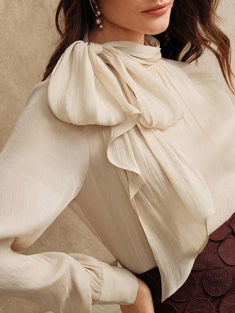 Anewsta Women's High Neck Long Sleeve Blouse With Bowknot | SHEIN