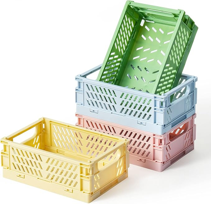 D1resion 4Pcs Mini Stackable Crates Decor Danish Pastel Aesthetic Stacking Folding Plastic Storage C | Amazon (US)
