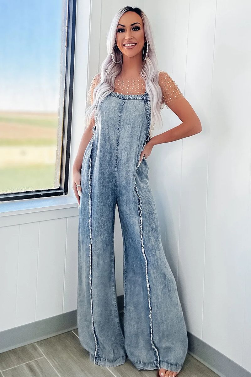 Denim Raw Edge Wide Leg Overalls-Blue | Cherley