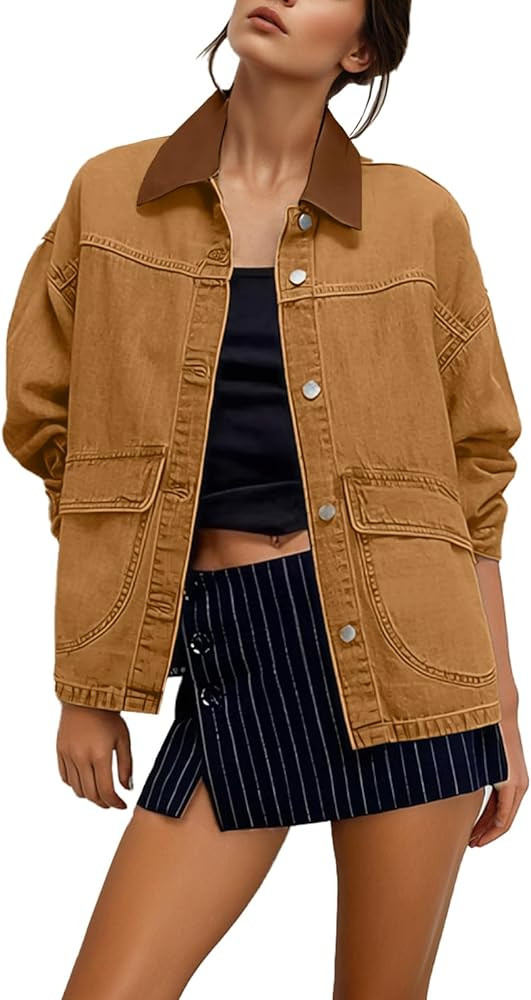 EVALESS Jean Jacket Women Trendy Color Block Denim Jacket Oversized Long Sleeve Button Down Barn ... | Amazon (US)