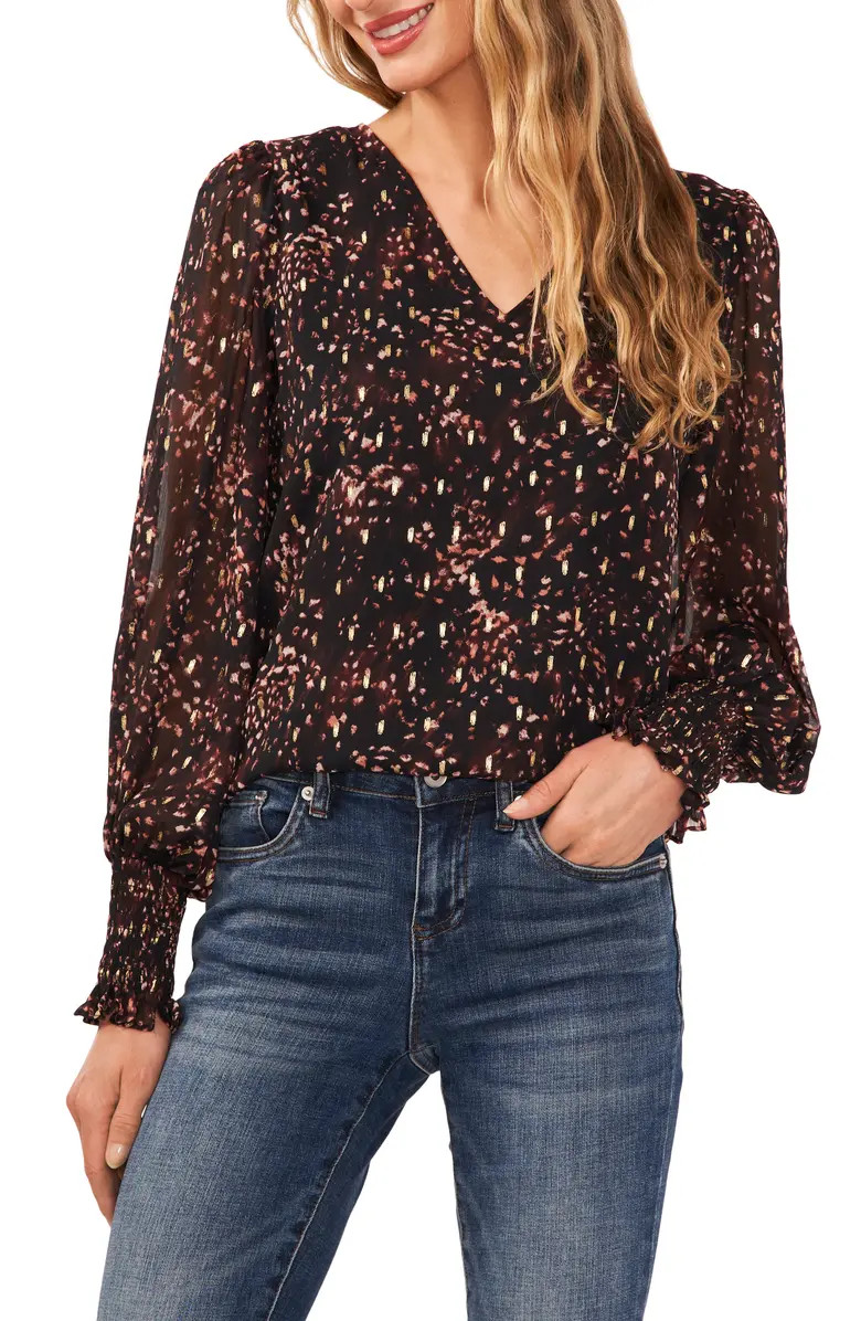 Foil Dot Smocked Cuff V-Neck Blouse | Nordstrom