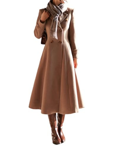 IDEALSANXUN Long Wool Coat for Women 2025 Fall Winter Double Breasted Trench Coat Coatigan Peacoat Maxi Dress Jackets, Dark Khaki, L | Amazon (US)