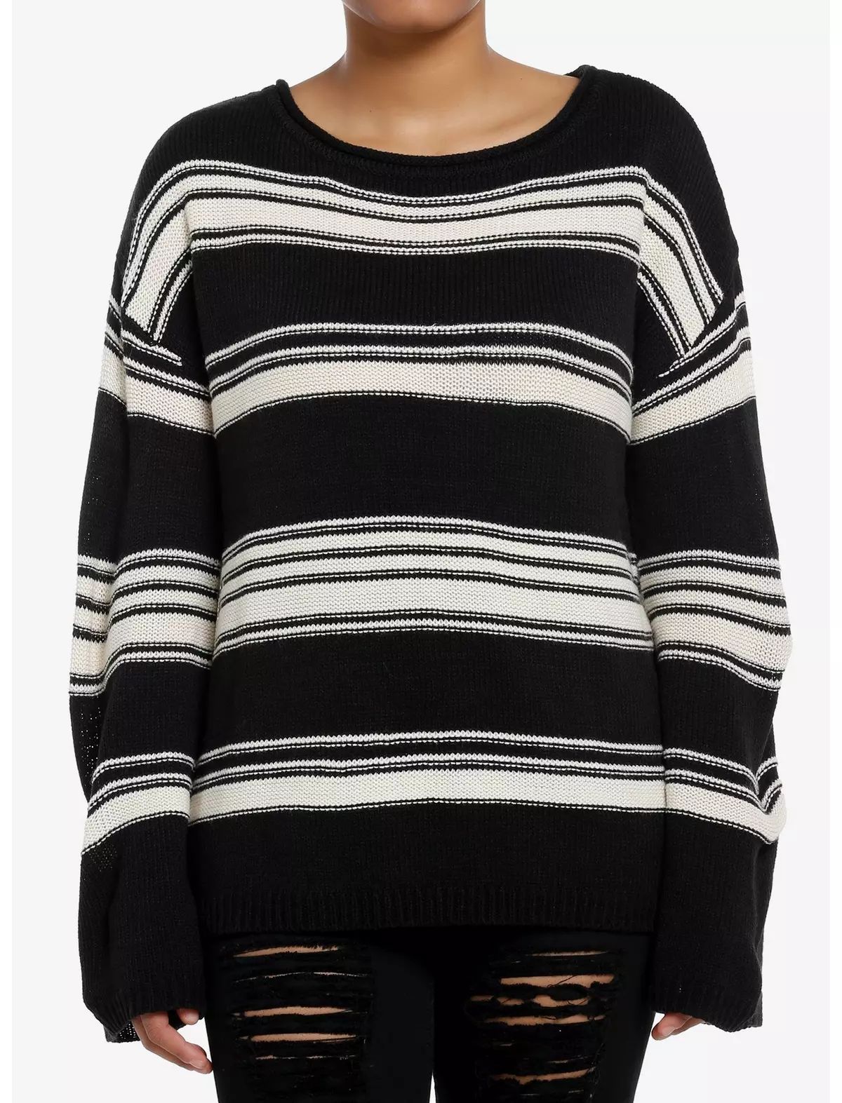 Black & Cream Stripe Boatneck Girls Knit Sweater | Hot Topic
