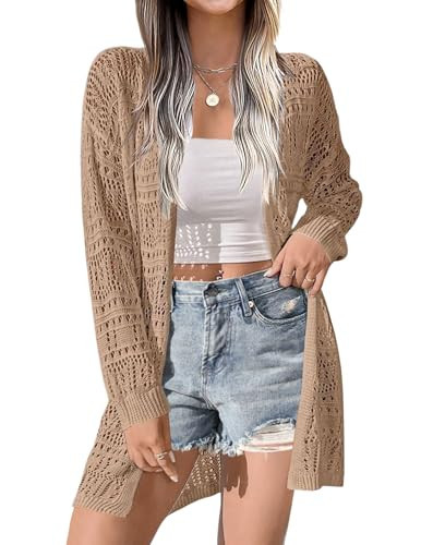 Zeagoo Womens 2025 Summer Crochet Cardigan Sweaters Lightweight Long Sleeve Open Front Kimono Boho Knit Cover Ups Khaki | Amazon (US)