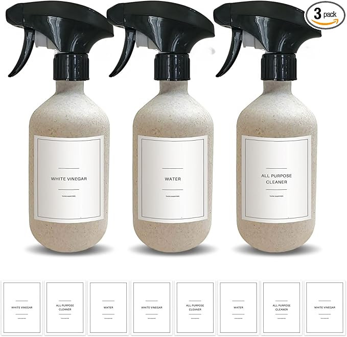 Spray Bottle Set of 3 with Black Spray Nozzles - 500 ml Wheat Straw Spray Bottle | Leak-proof, Re... | Amazon (US)