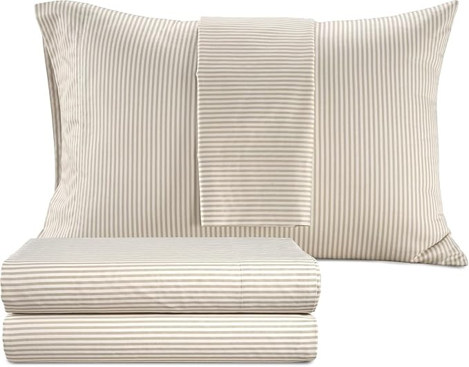 IZOD Sateen 4Pc King Size Bed Sheet Set 100% Cotton Beige Stripe | Amazon (US)