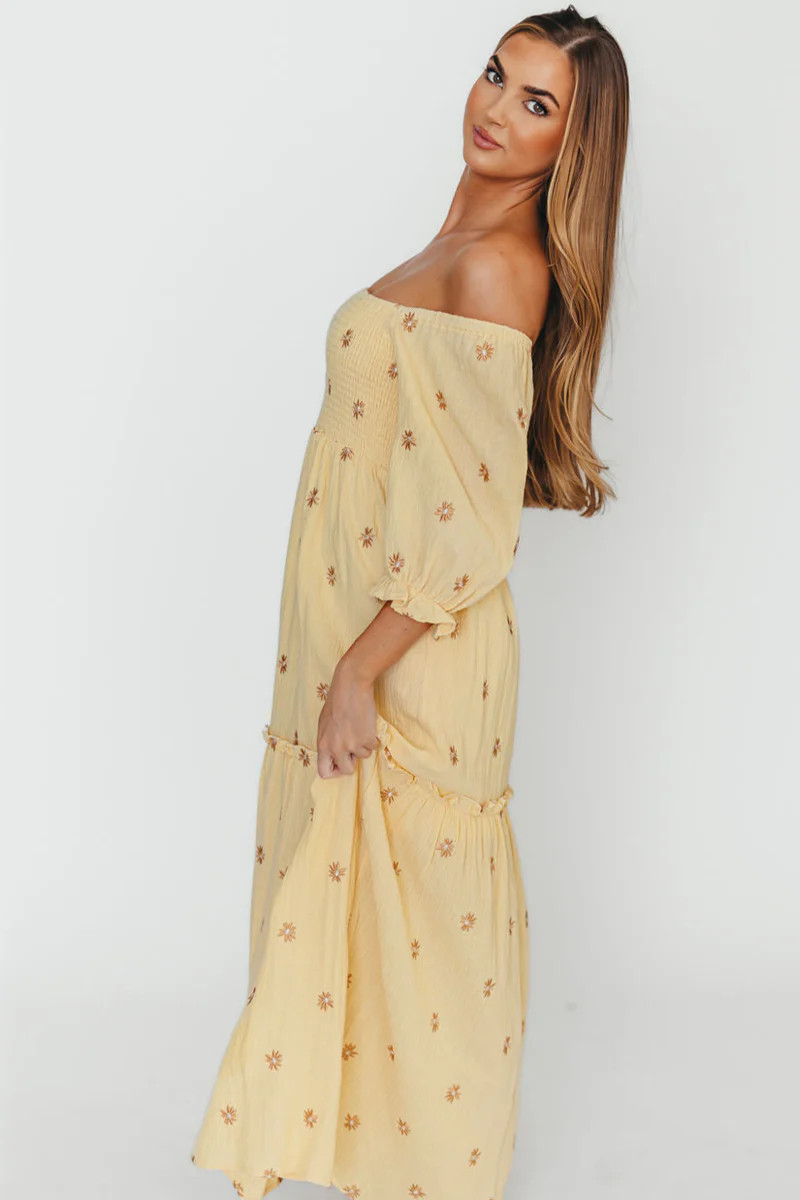 Nia Embroidered Floral Midi Dress in Beige | Worth Collective
