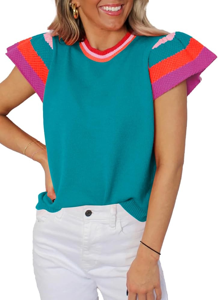 SHEWIN Womens Color Block Tops Casual Crewneck Short Sleeve Pullover Sweater Knit Lightweight Bea... | Amazon (US)