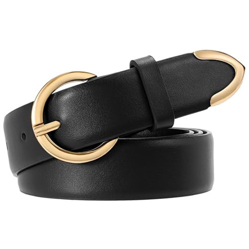 XZQTIVE Women’s Leather Belts for Jeans Pants Dresses Fashion Ladies Black Belt with Gold Buckle | Amazon (US)