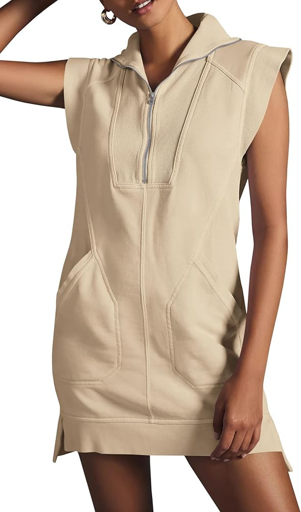 Fisoew Womens Summer Half Zip Sweatshirt Dresses V Neck Collared Sleeveless Workout Tunic Mini Dr... | Amazon (US)