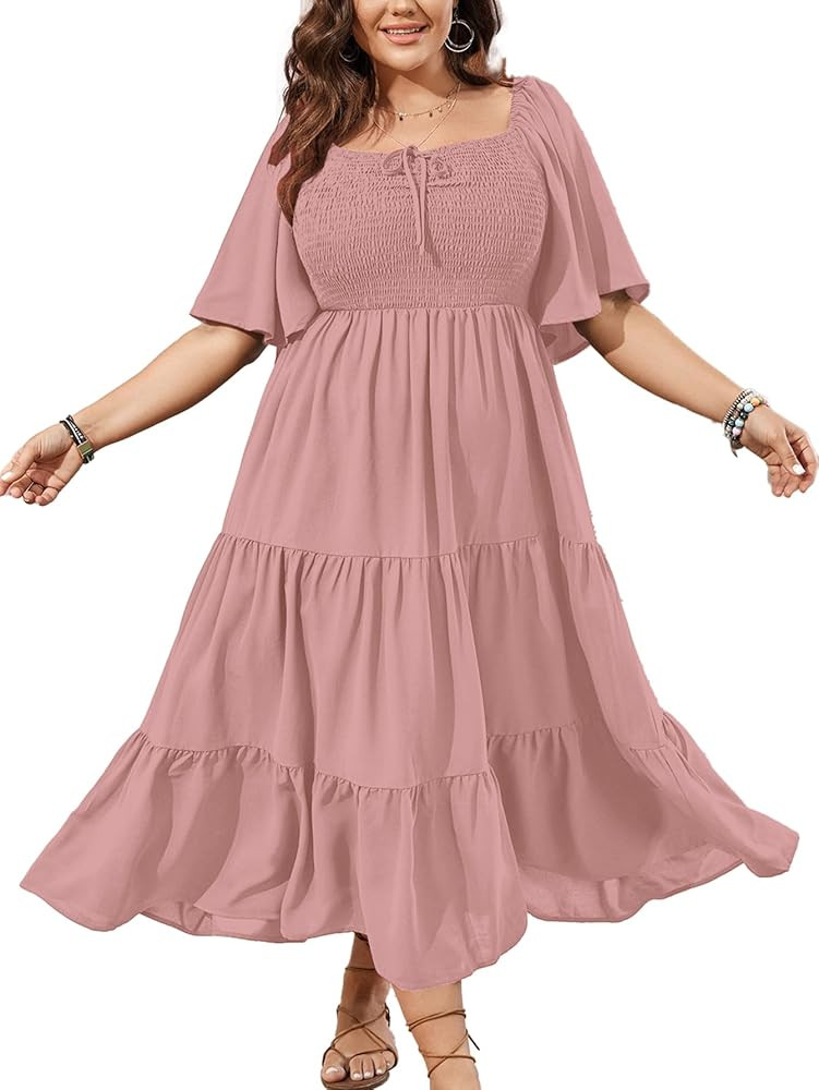 SCOMCHIC Women's Plus Size Flowy Maxi Dress Flutter Short Sleeve Boho Dress Square Neck Smocked F... | Amazon (US)