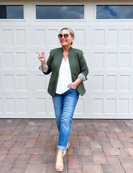 Military green blazer, boyfriend straight jeans, white top and comfortable heels.
Use code JONA10 for 10% off the blazer.



#LTKfindsunder50 #LTKstyletip #LTKover40