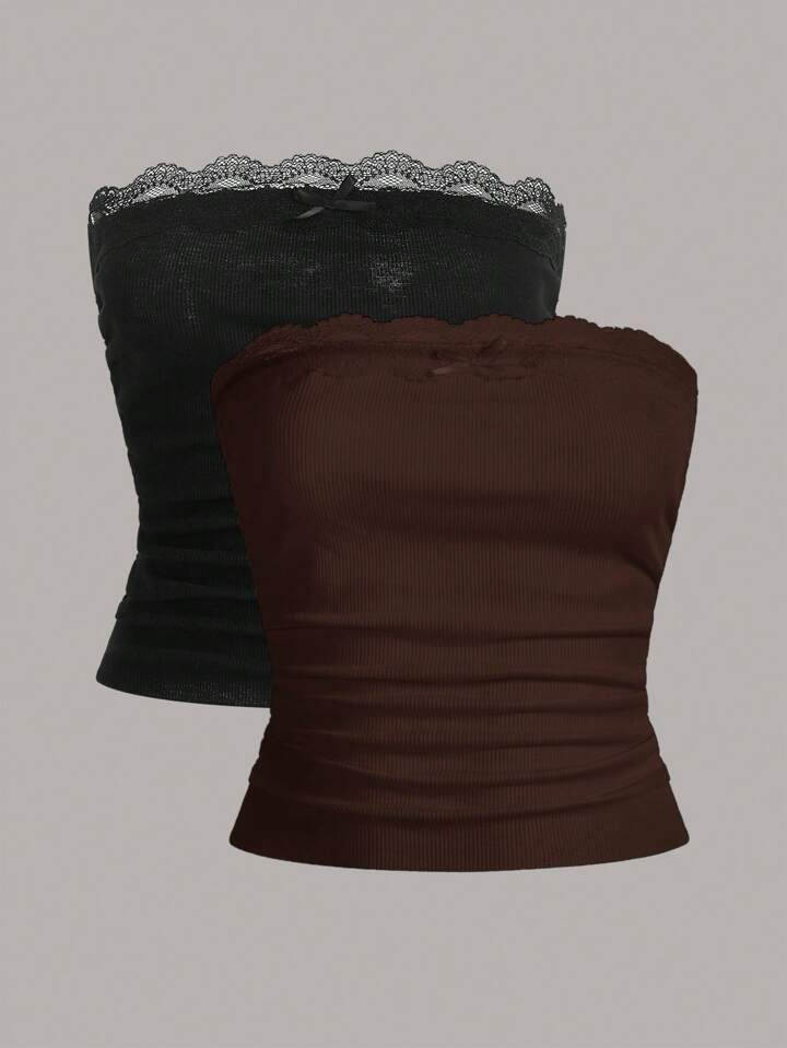 SHEIN EZwear Knitted Women's Splice Lace Strapless Tight Top | SHEIN USA | SHEIN