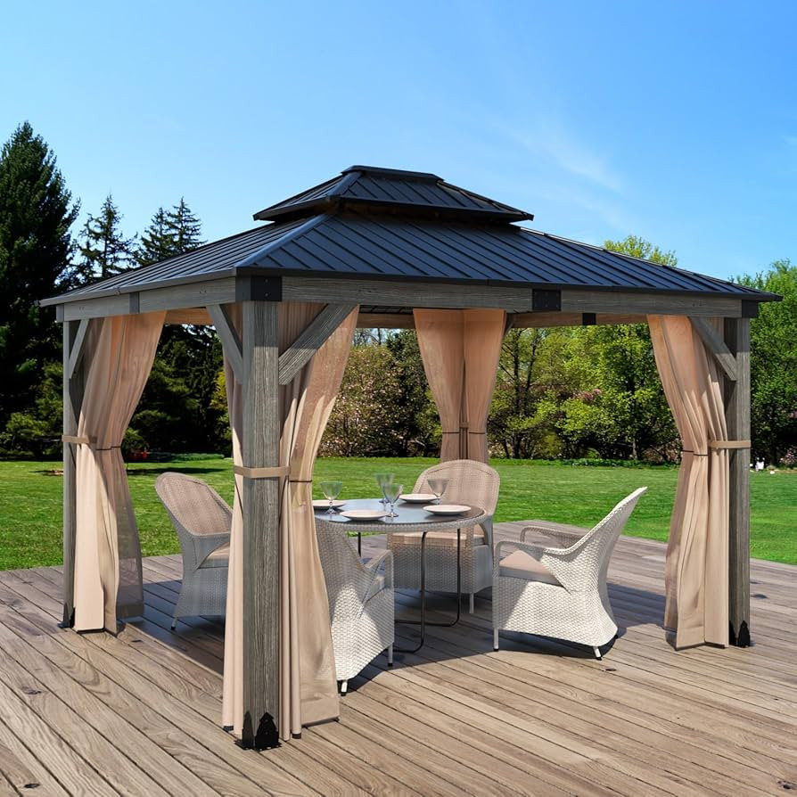 SUNBURY 10'x12' Outdoor Cedar Wood Gazebo, 2-Tier Metal Hardtop Wooden Frame Gazebo for Patio wit... | Amazon (US)
