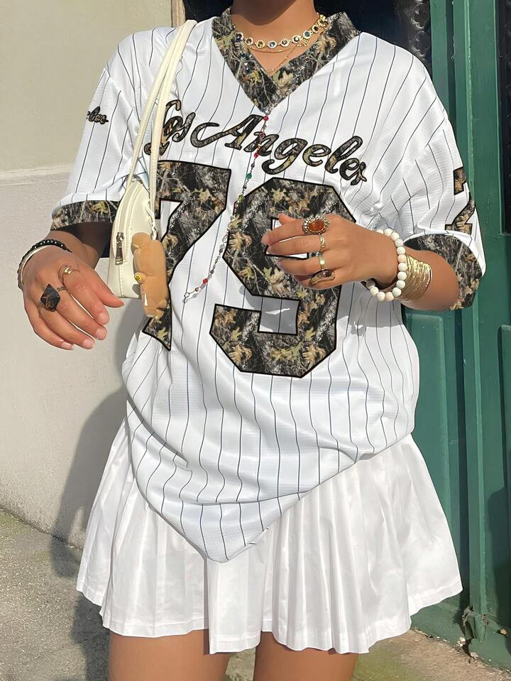 INAWLY Women's Striped Patchwork V-Neck Short Sleeve Casual T-Shirt With Numeric Print | SHEIN