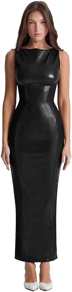 XLLAIS Women's Faux PU Leather Bodycon Maxi Dress Sexy Boatneck Tank Long Dresses | Amazon (US)