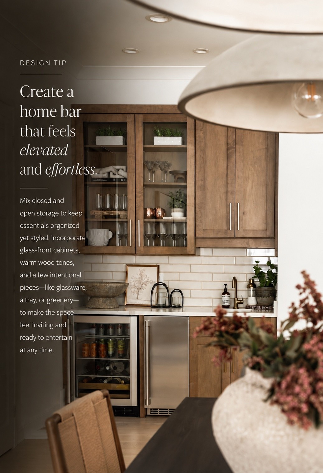A home bar can be both functional and beautifully styled 🤎 Warm wood cabinetry, glass-front storage, curated glassware, greenery, and thoughtful countertop accents create a space that feels polished and inviting while keeping entertaining essentials organized and within reach.

#porcheandco #HomeBar #HomeBarDesign #HomeBarInspo #InteriorStyling

#LTKvlog #LTKHome