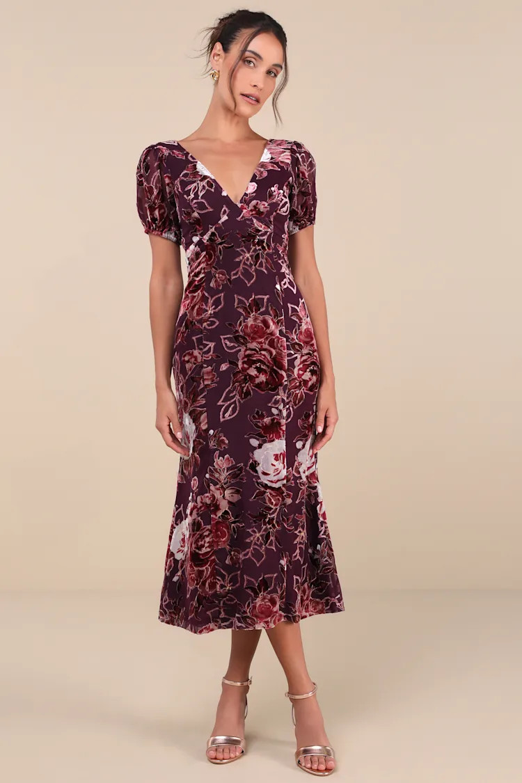 Loving Approach Purple Velvet Burnout Puff Sleeve Midi Dress | Lulus