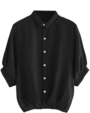 Milumia Women's Collar Lantern Short Sleeve Pleated Hem Button Down Work Blouse Shirt Top | Amazon (US)