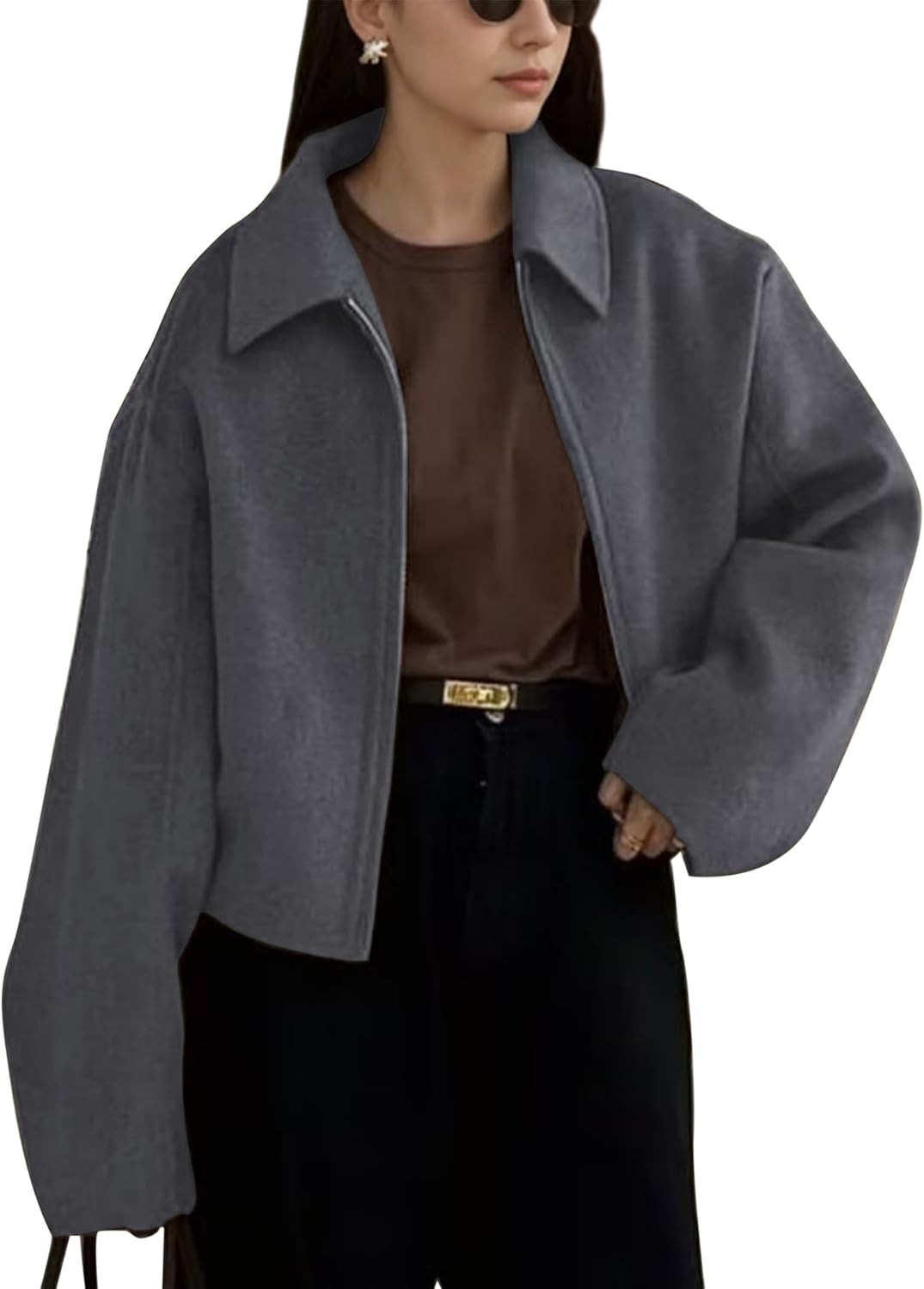 Women Bomber Jacket Casual Lapel Long Sleeve Zip Up Cropped Coats Trendy Lightweight Outwear Fall Winter Streetwear | Amazon (US)