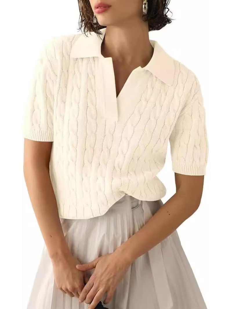 QIUYI Women's Short Sleeve Pullover Sweater Lapel V-Neck Cable Knit Casual Shirt Lightweight Soft... | Walmart (US)