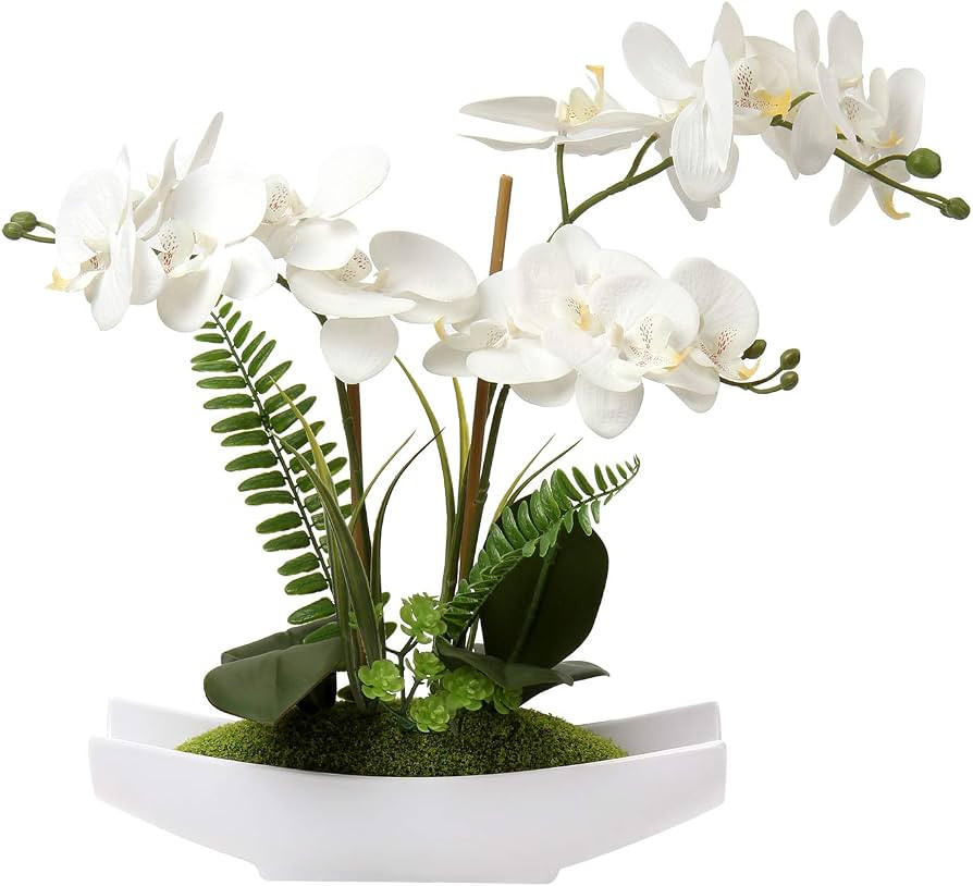 Briful Orchids Artificial Flowers 15" Large Fake Orchid White Phalaenopsis Orchid Flower Arrangem... | Amazon (US)