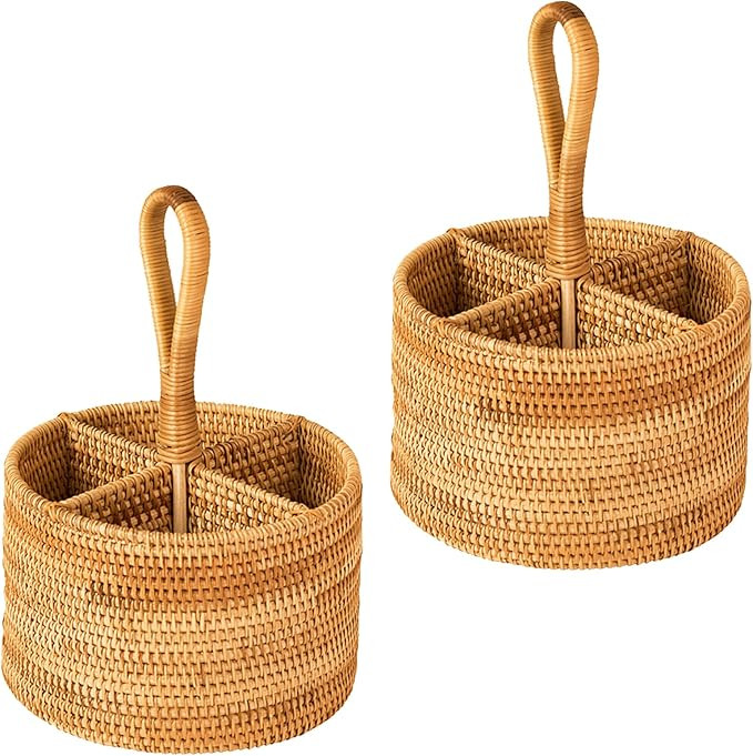 Amazon.com: 2 Pack 4 Section Round Rattan Basket with Handle, 8”Divided Woven Remote Control Ba... | Amazon (US)