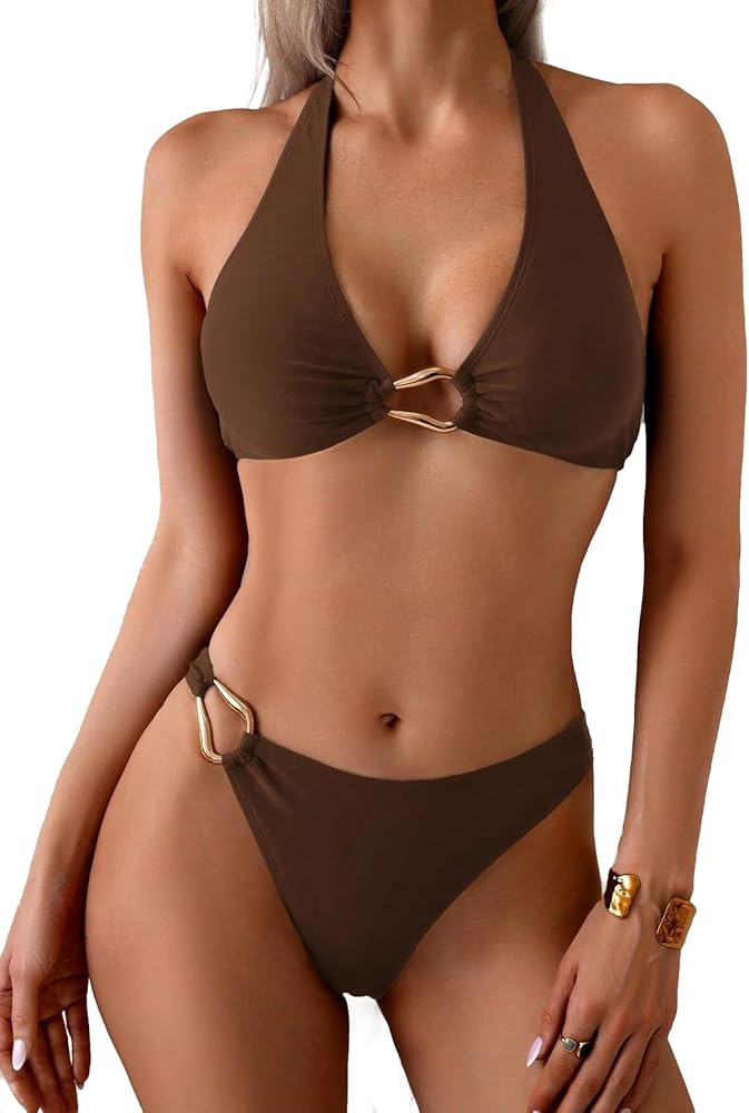 Fanuerg Women's Halter V Neck Bikini Sets Ring Linked Two Piece Swimsuit Cheeky Swim Bathing Suit... | Amazon (US)