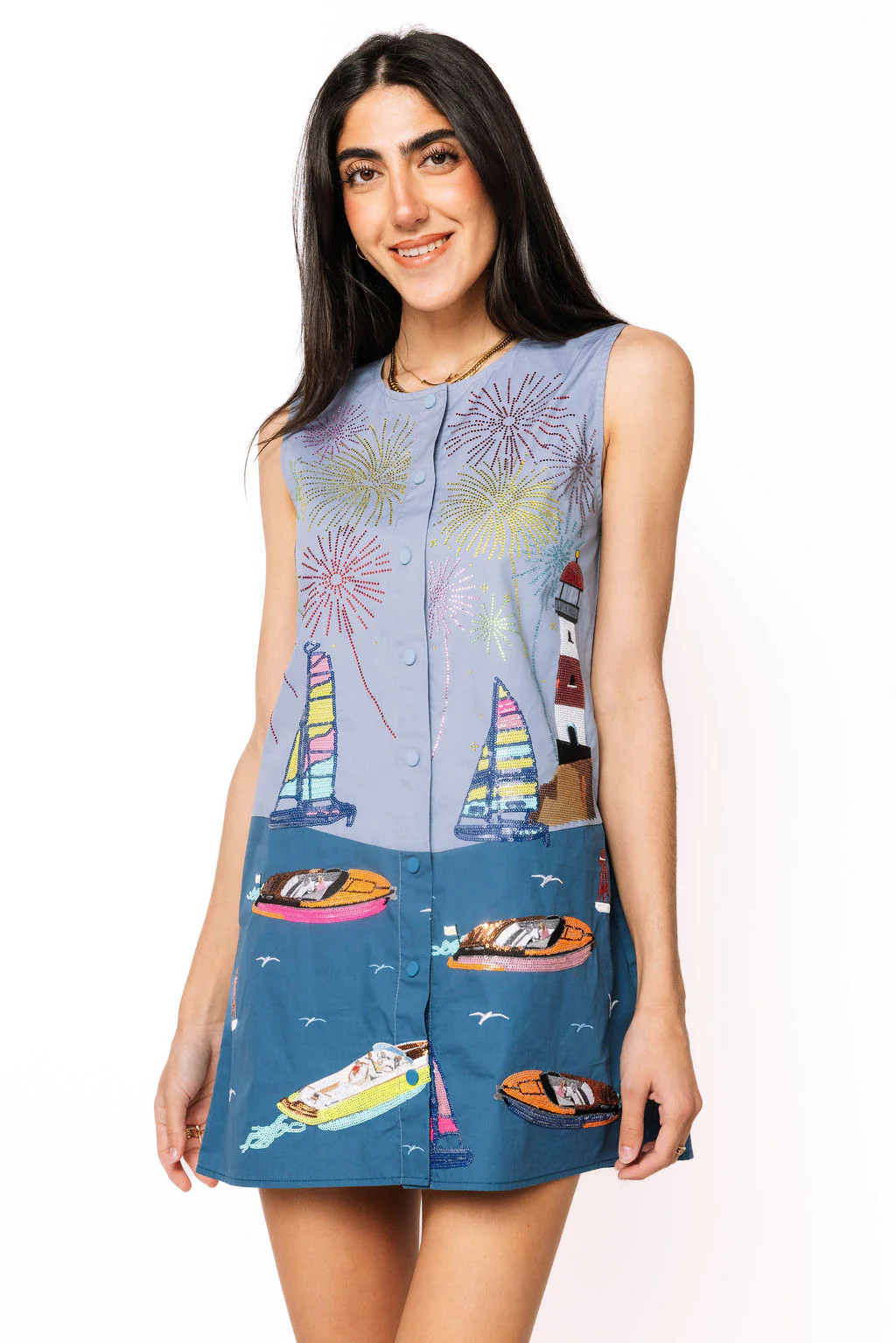 Multi Firework Over Boats Cotton Button Tank Dress | Queen of Sparkles