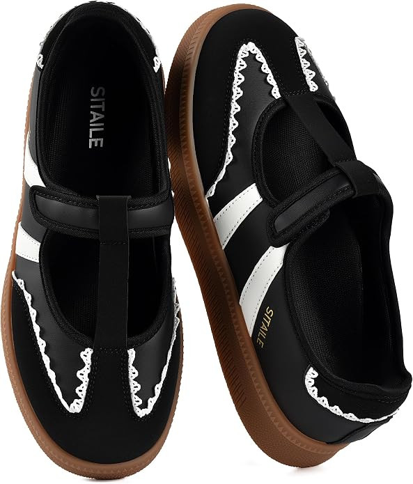 Womens T‑Strap Mary Jane Sneakers Ballet Flats Fashion Tennis Walking Shoes | Amazon (US)