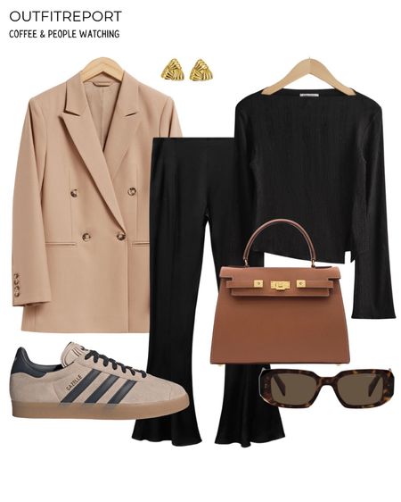 Camel blazer black flare trousers black top tshirt adidas gazelle 

#LTKshoecrush #LTKstyletip #LTKitbag