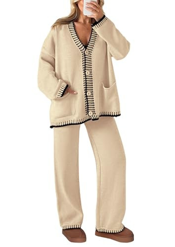 PRETTYGARDEN Women's 2 Piece Outfits Knit Matching Lounge Sets Long Sleeve V Neck Cardigan Sweaters Wide Leg Pants Tracksuits (Beige,XX-Large) | Amazon (US)
