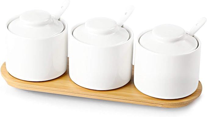 ONTUBE Porcelain Condiment Jar Set of 3 Spice with Bamboo Tray, Ceramic Condiment Pot Spoon and L... | Amazon (US)