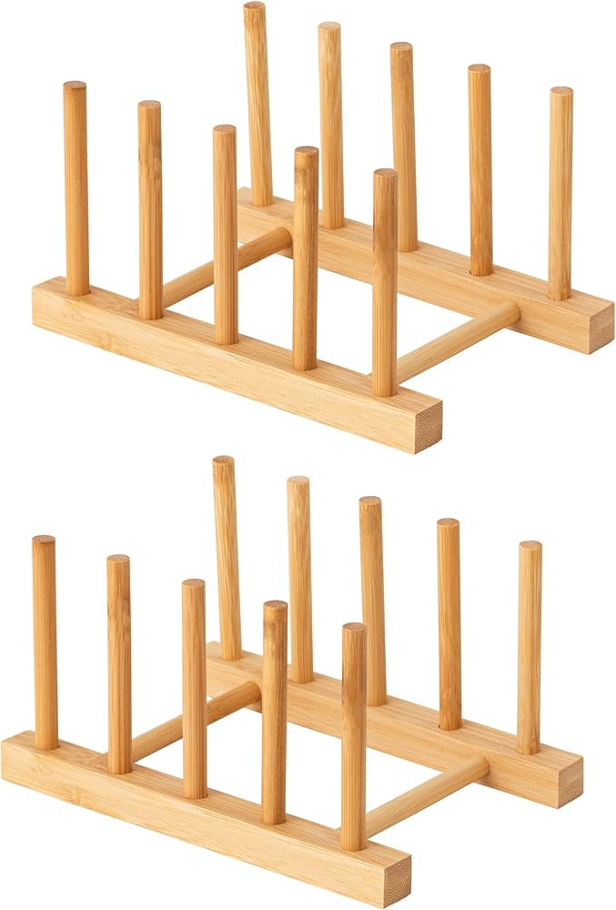 HBlife 2pcs Bamboo Dish Plate Bowl Cup Book Pot Lid Cutting Board Drying Rack Stand Drainer Stora... | Amazon (US)