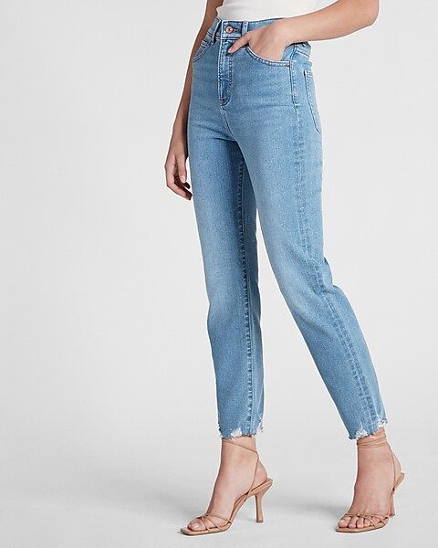 Super High Waisted Light Wash Raw Hem Slim Jeans | Express