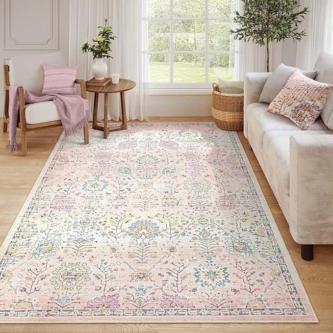 Lahome Light Pink Boho Rug, 6x9 Washable Rugs for Bedroom Girls, Soft Floral Kids Carpet with Non... | Amazon (US)