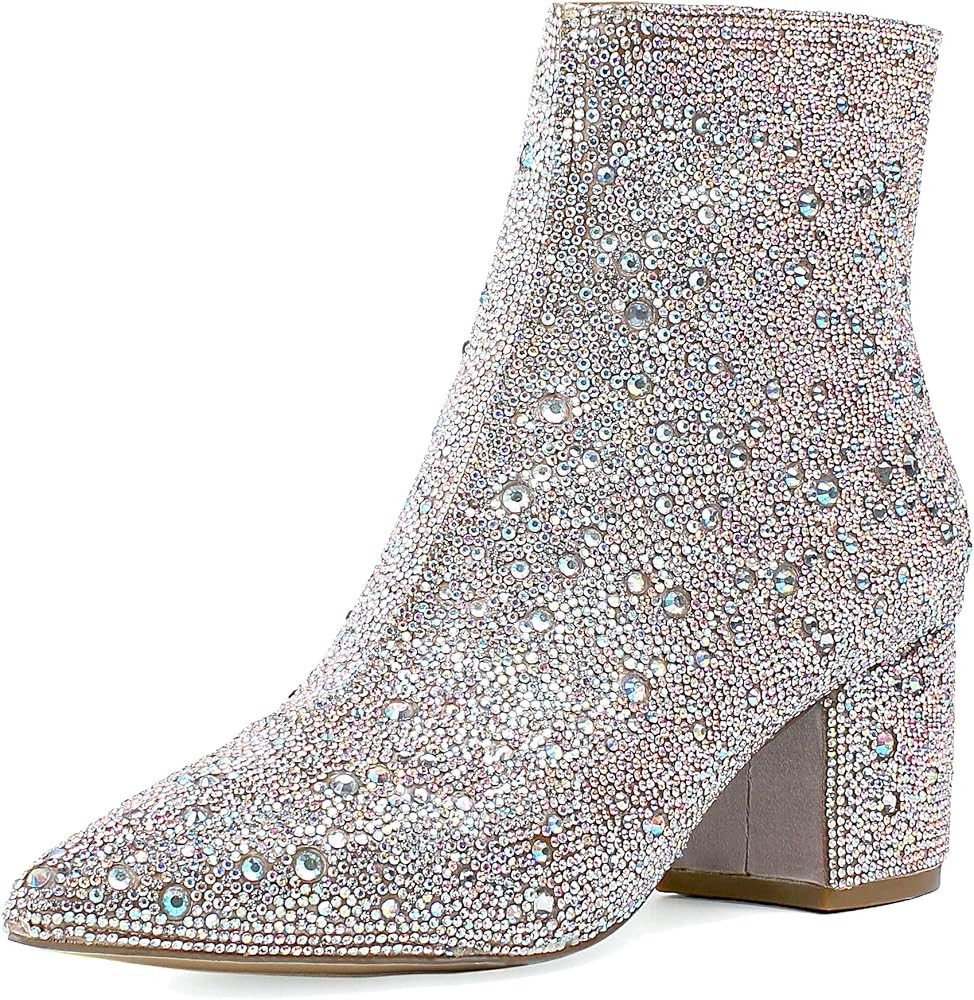 Agodor Rhinestone Boots Women Glitter Pointed Toe Chunky Heels Shiny Wedding Sparkly Booties Bloc... | Amazon (US)
