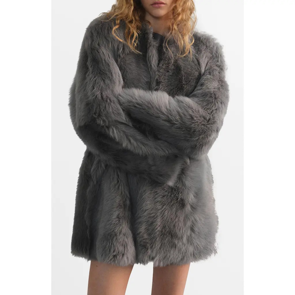 MANGO Reversible Leather & Genuine Shearling Coat in Grey at Nordstrom, Size Small | Nordstrom